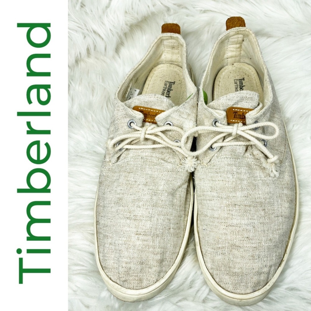 TIMBERLAND MEN'S NATURAL CANVAS‎ LACE UP BOAT DECK LOAFERS, SIZE 10.5